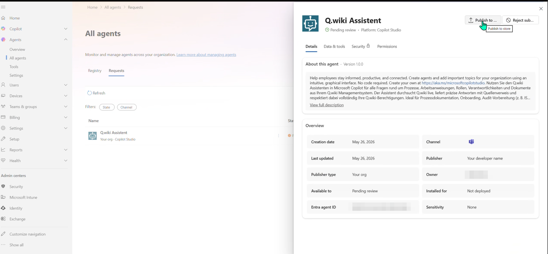 Admin Center with Q.wiki Assistant listed under Requests and the Publish-to-store button