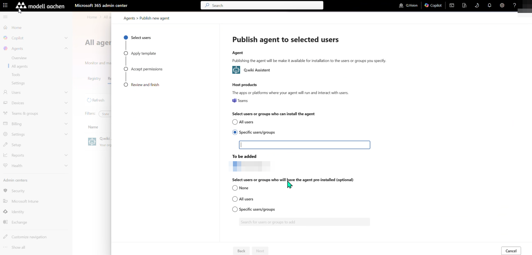 Publish wizard – Select users step