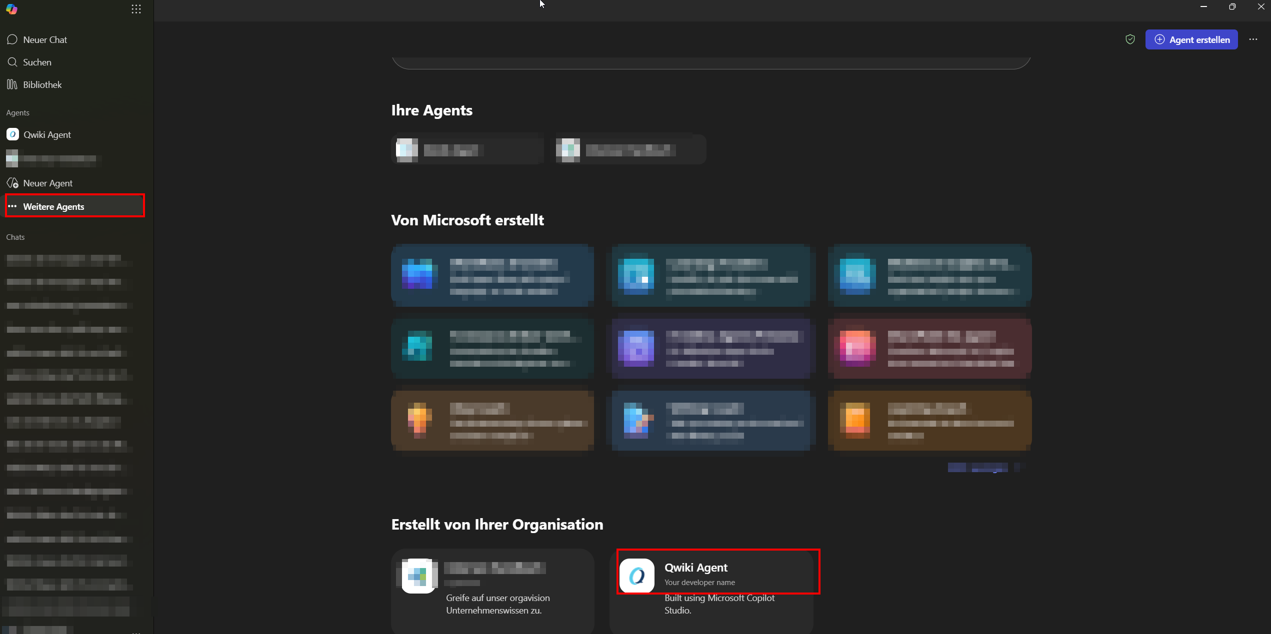 Microsoft 365 Copilot Agents store with the Q.wiki agent listed under „Built by your organization