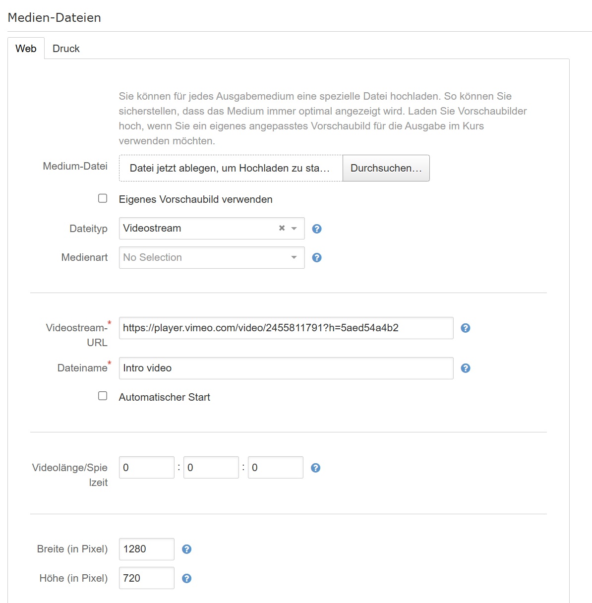 Medienformular mit Angaben zu Videostream