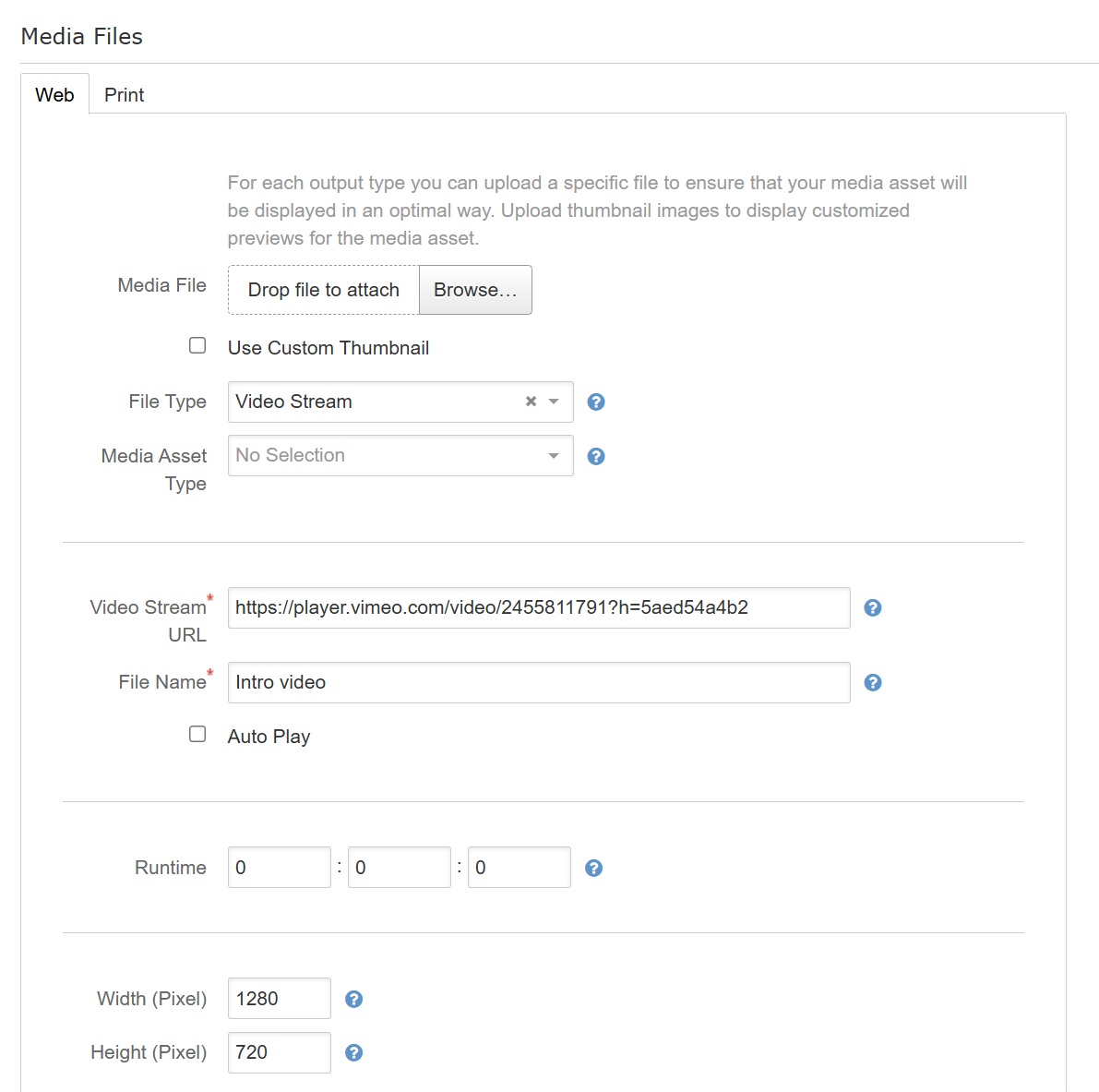 Media form with details for video stream
