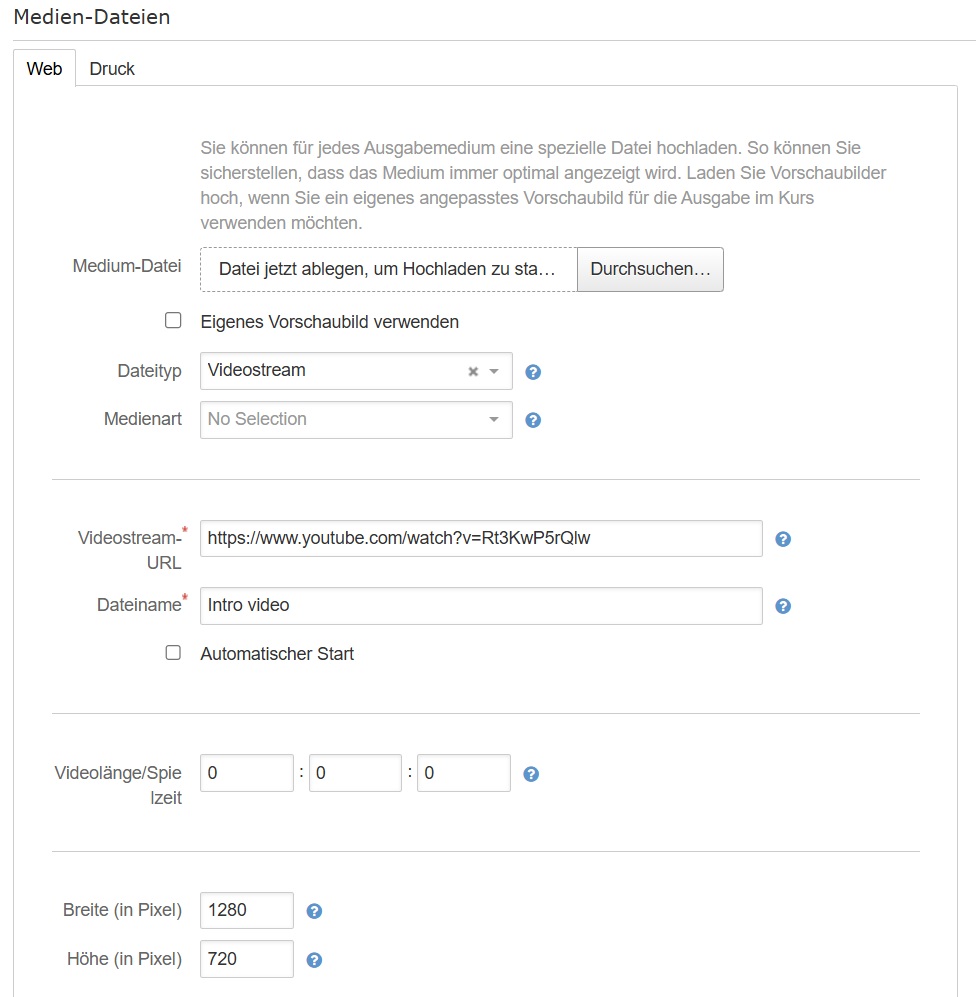 Medienformular mit Angaben zu Videostream