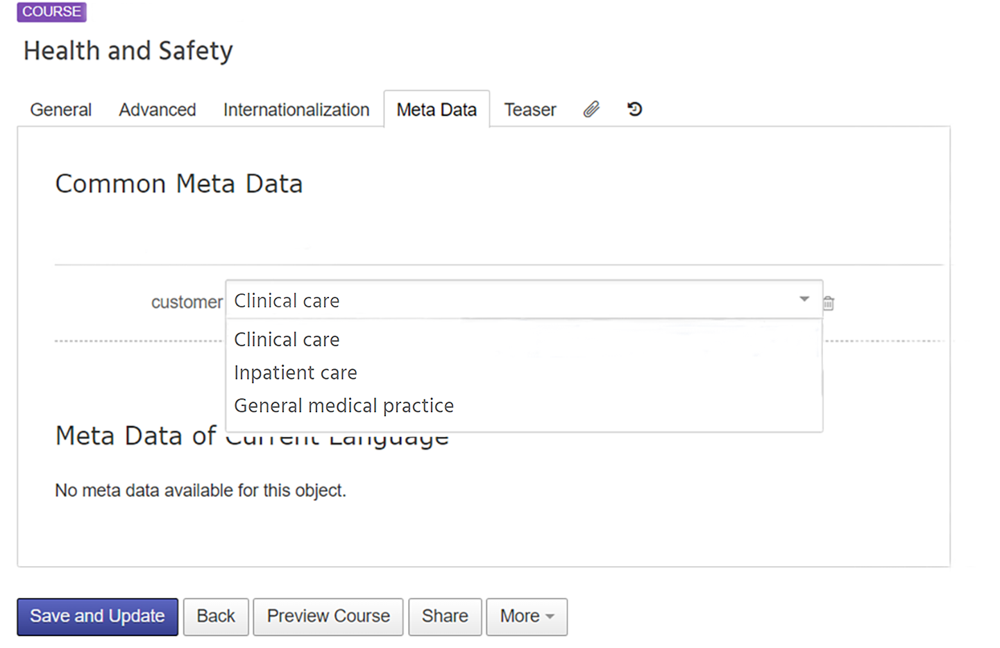 Screenshot Course settings with Meta Data tab