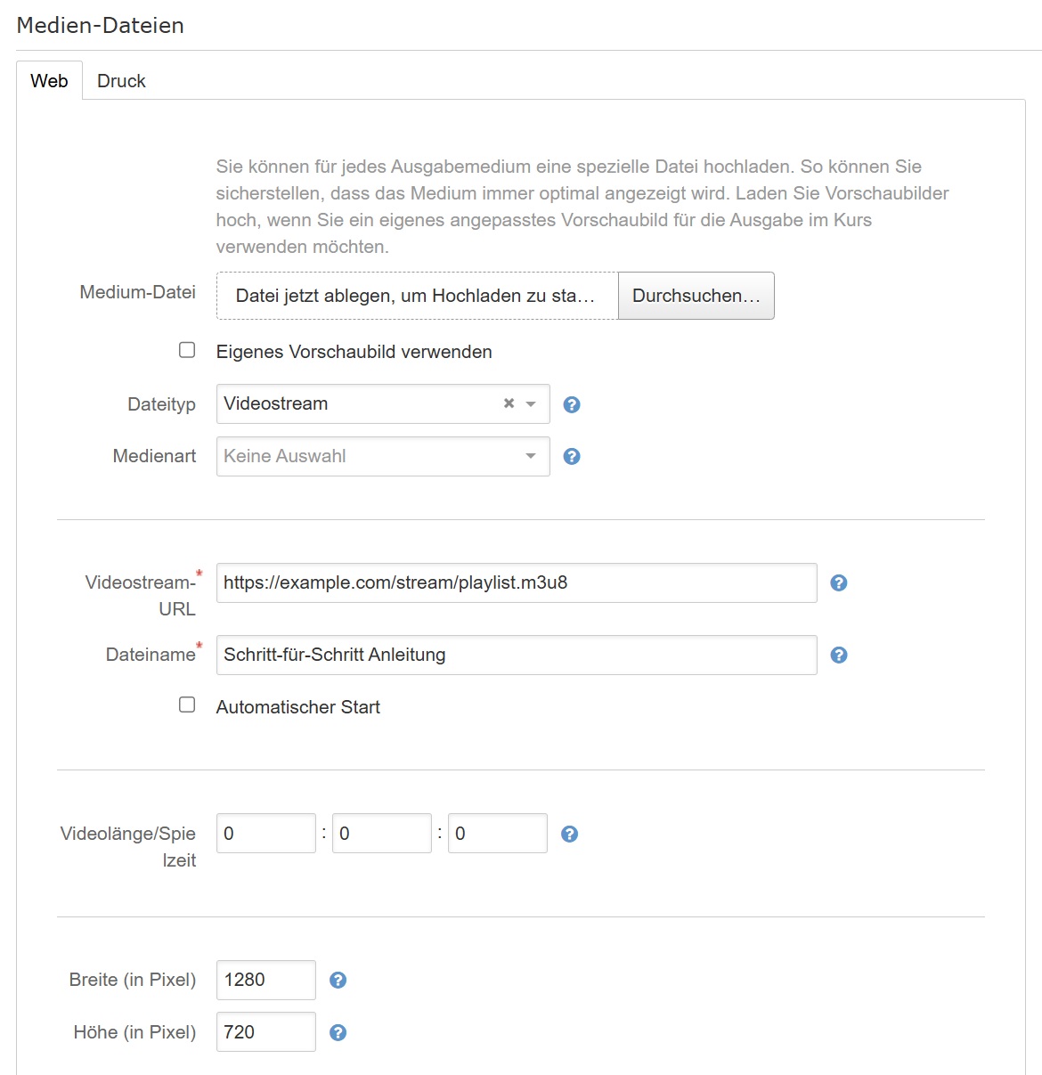 Media Asset Formular mit Videostream-URL-Feld