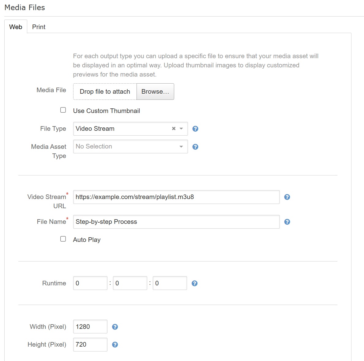 Media Asset Form with Video Stream URL option