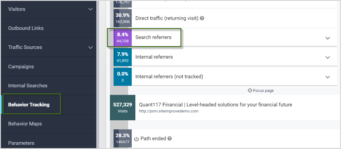 Screenshot of Search referrers in Behavior Tracking