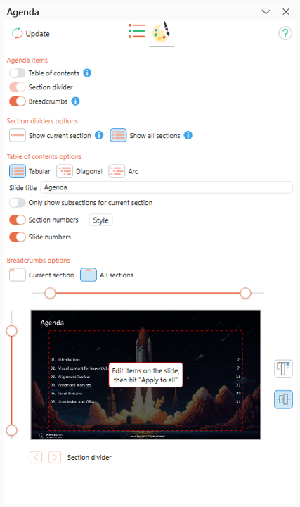 Power-user l PowerPoint Agenda design options for Table of Contents and Section Dividers