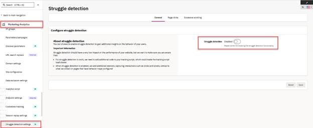 Analytics settings page showing the Struggle detection option with the toggle switch set to Disabled.