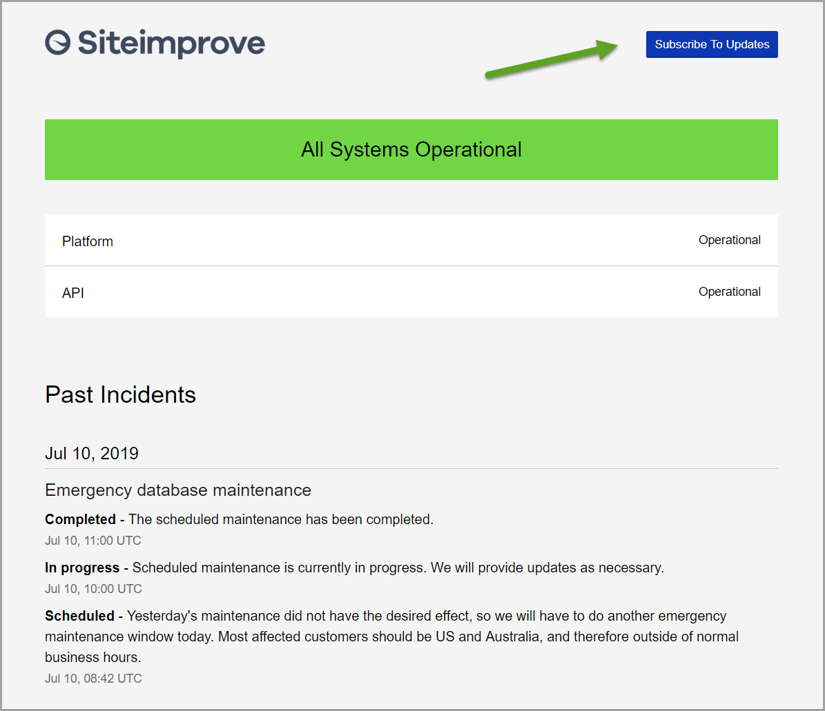 Siteimprove Status Page with an arrow showing where to click on Subscribe