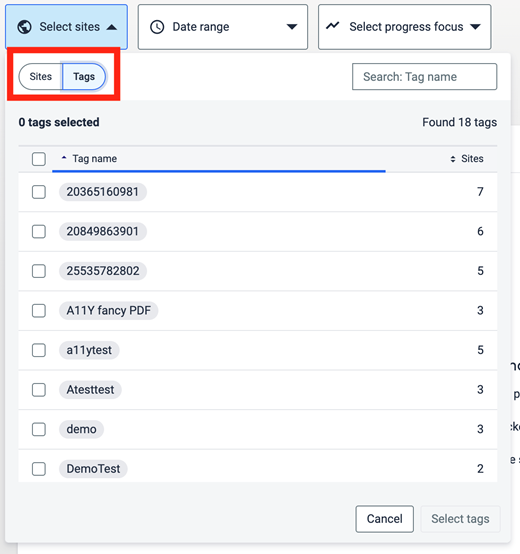 Site selector, where different tags can be selected