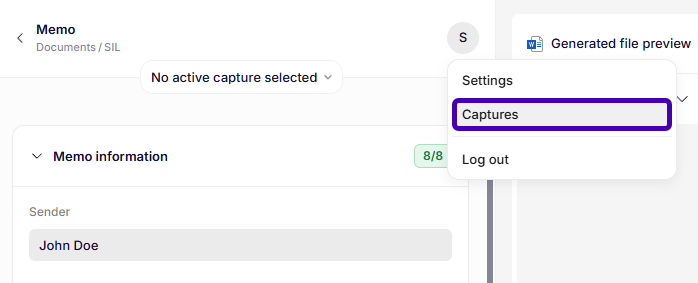 Opening the "Captures" view