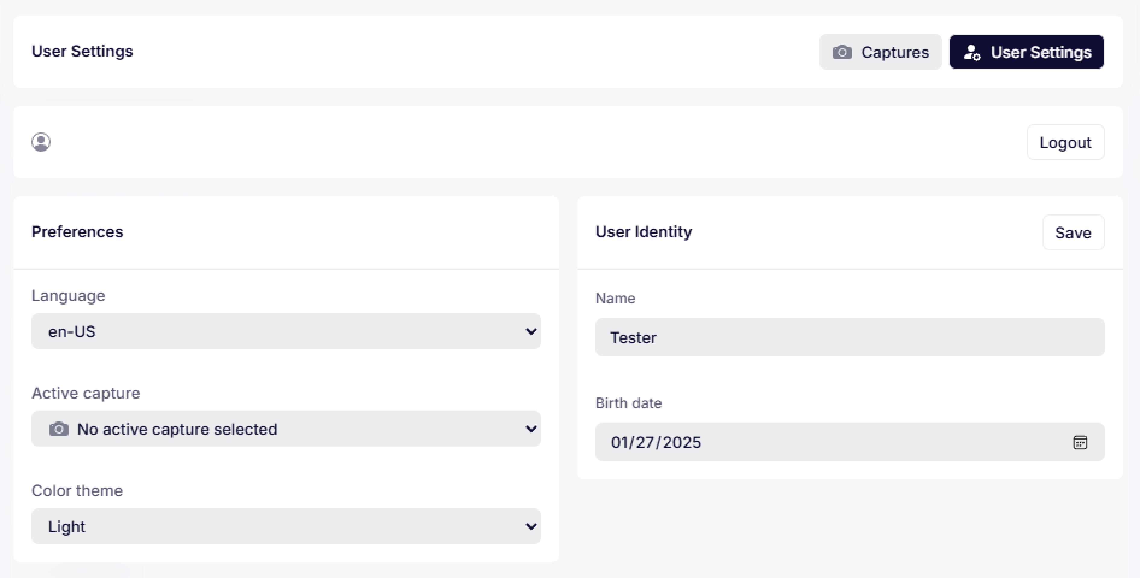 An example User identity form after being filled out by the tester.