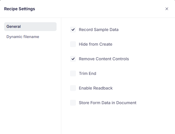 The Recipe Settings dialog box for a Word recipe.