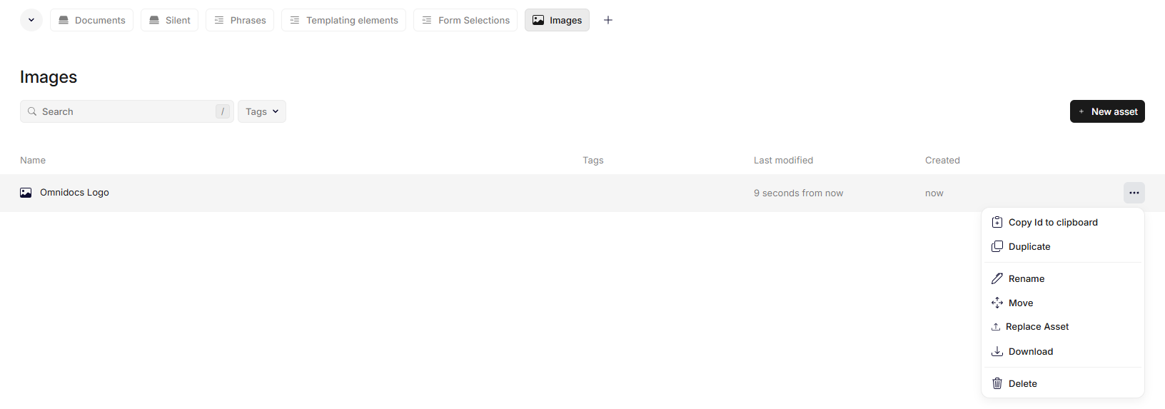 An asset content source showing asset options and properties.