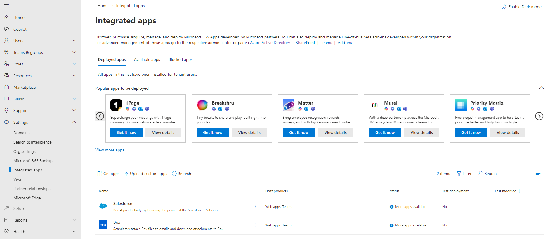 The Integrated apps screen of the Microsoft 365 admin center.
