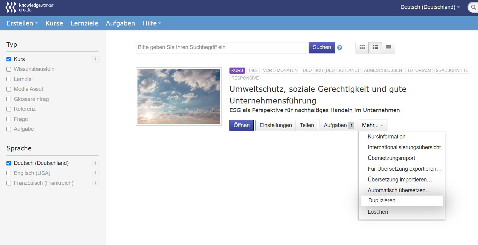 Mehr-Menü am Kurs mit Duplizieren-Option