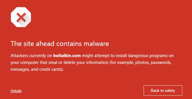 A screenshot warning users of a site that contains malware