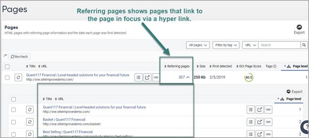Screenshot of Referring pages in the QA Inventory in the Siteimprove platform