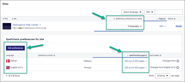Spellcheck settings page