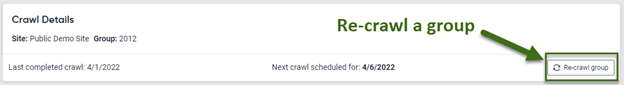 crawl details page showing the re-crawl a group button