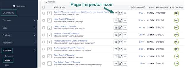 Pages section of the QA Inventory