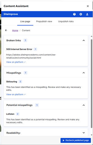 Screenshot of Quality Assurance (Content) Checks in the CMS plugin overlay