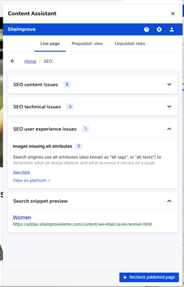 Screenshot of SEO issues in the CMS plugin overlay