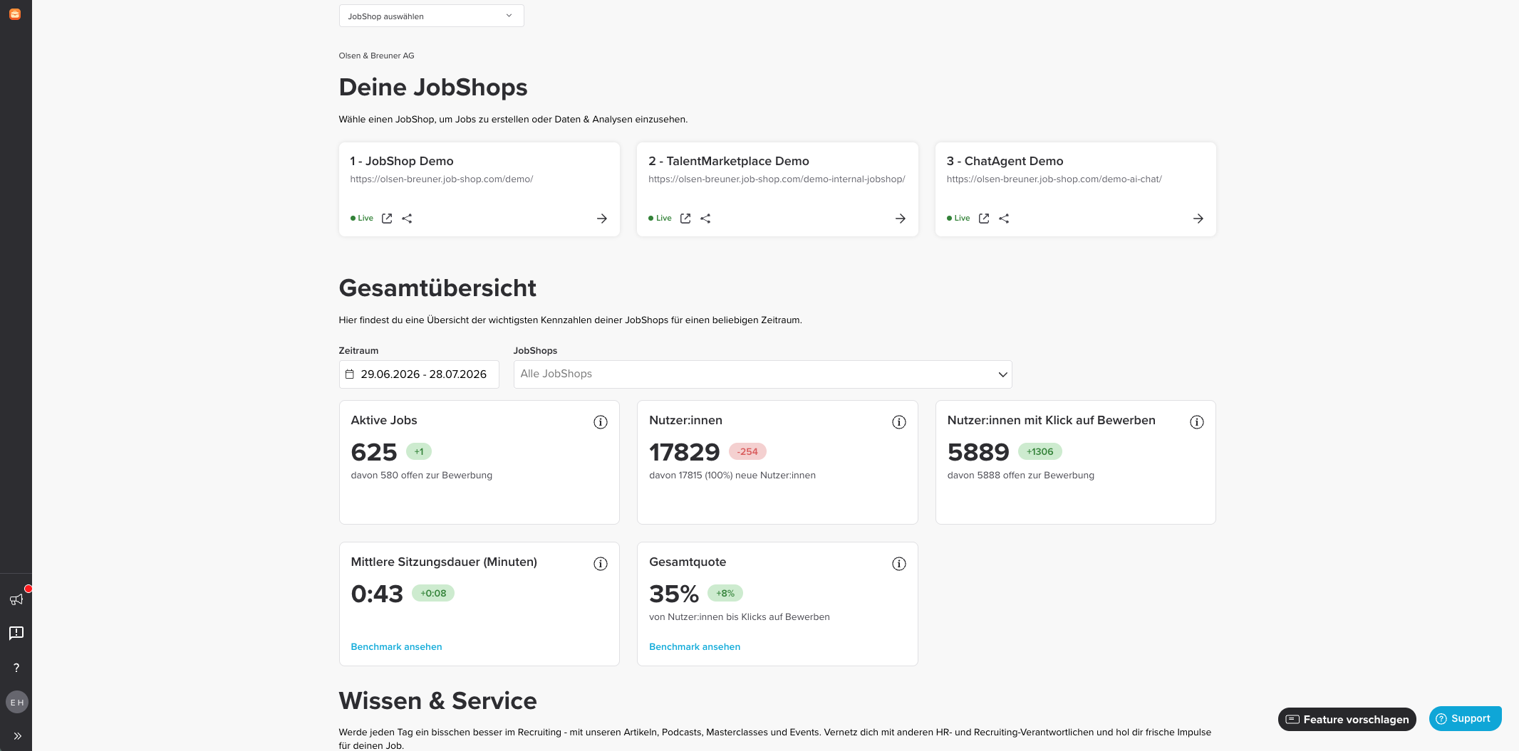 Übersicht der talentsconnect home Startseite