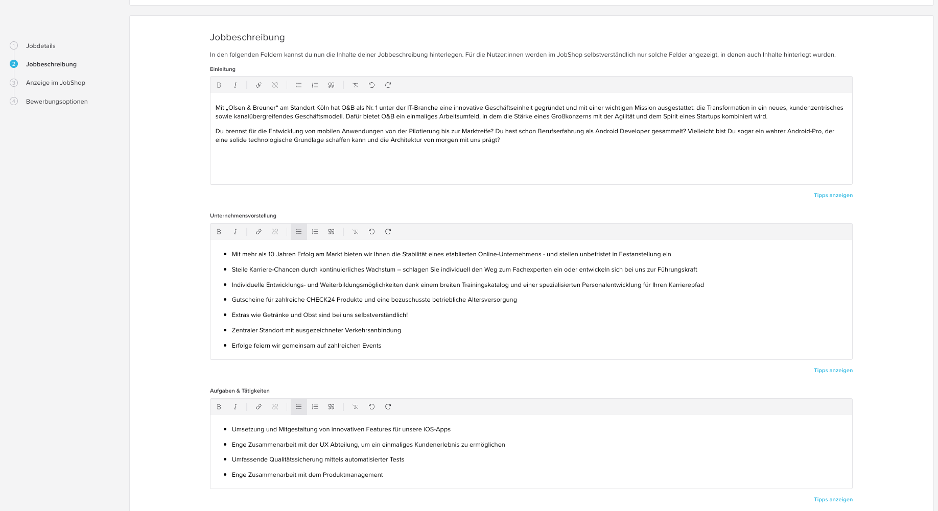 Job details form fields