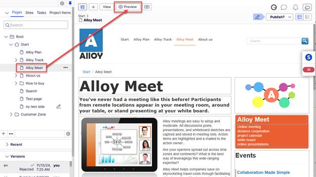 Screenshot of selecting a page and selecting the Preview button in Optimizely