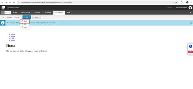 Screenshot of selecting page in Sitecore Experience Editor