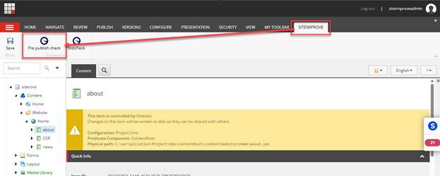 Screensot of Prepublish check button in menu bar in Sitecore Content Editor