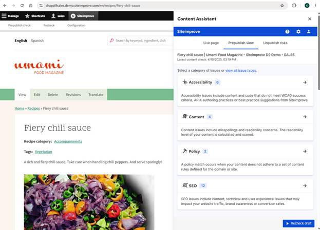 Screenshot of completed prepublish check with the Recheck Draft button displaying in Drupal