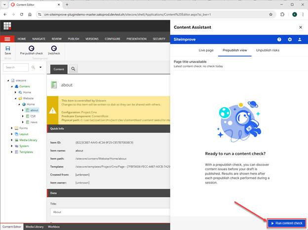 Screenshot of Prepublish check button in overlay in Sitecore Content Editor