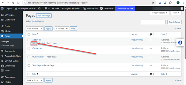 Screenshot of selecting and editing page in WordPress