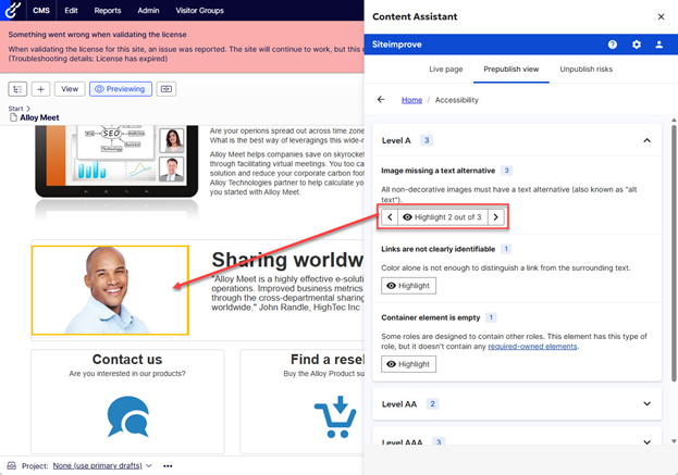 Screenshot showing the Prepublish check highlighting an issue on the page in Optimizely