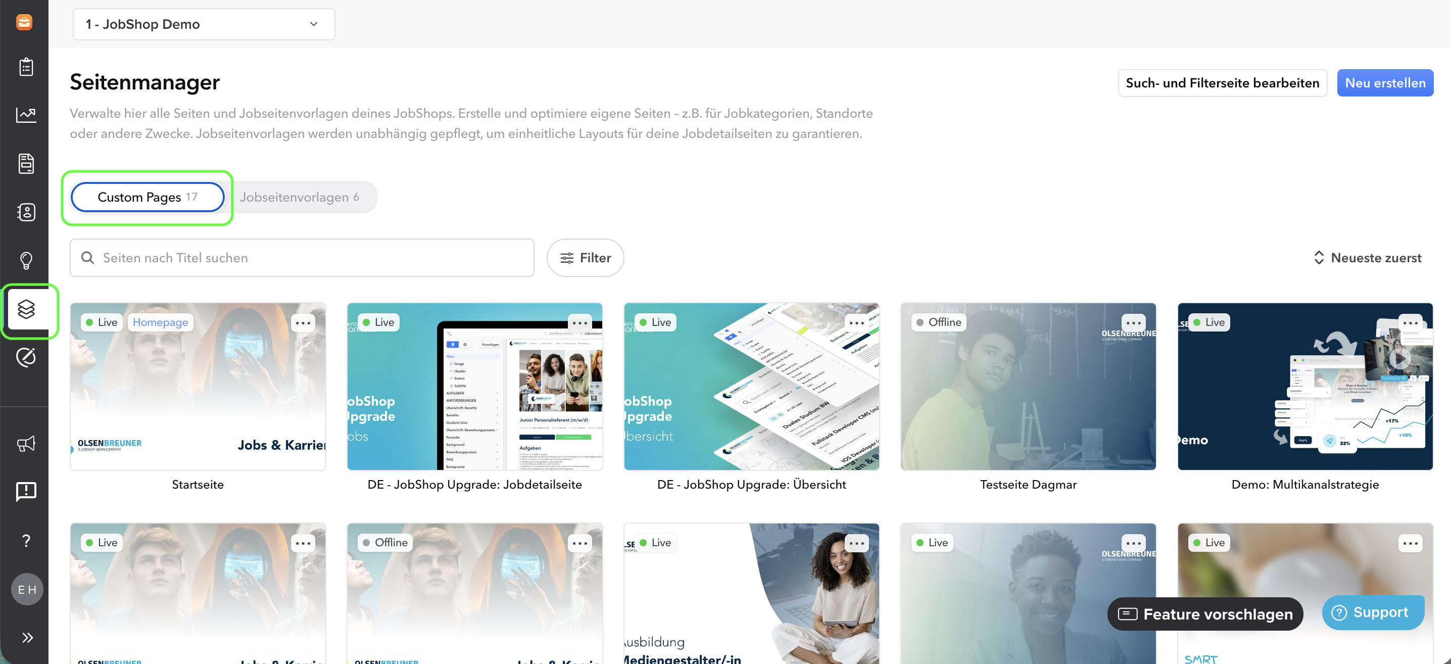 Übersicht Custom Pages