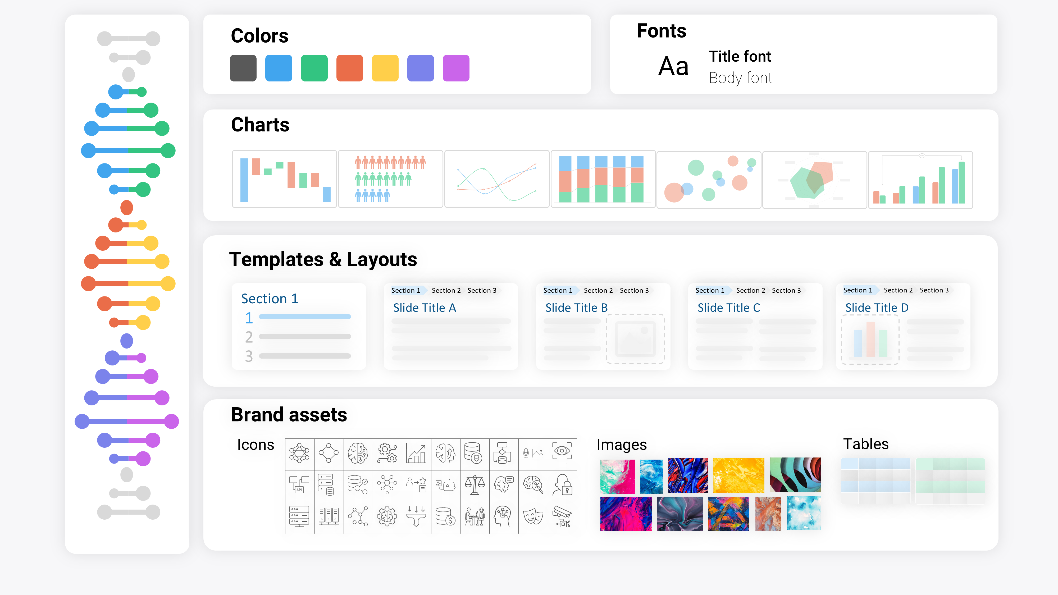 Brand DNA in PowerPoint, Excel or Word: colors, fonts, templates, layouts, charts, tables, icons, images...