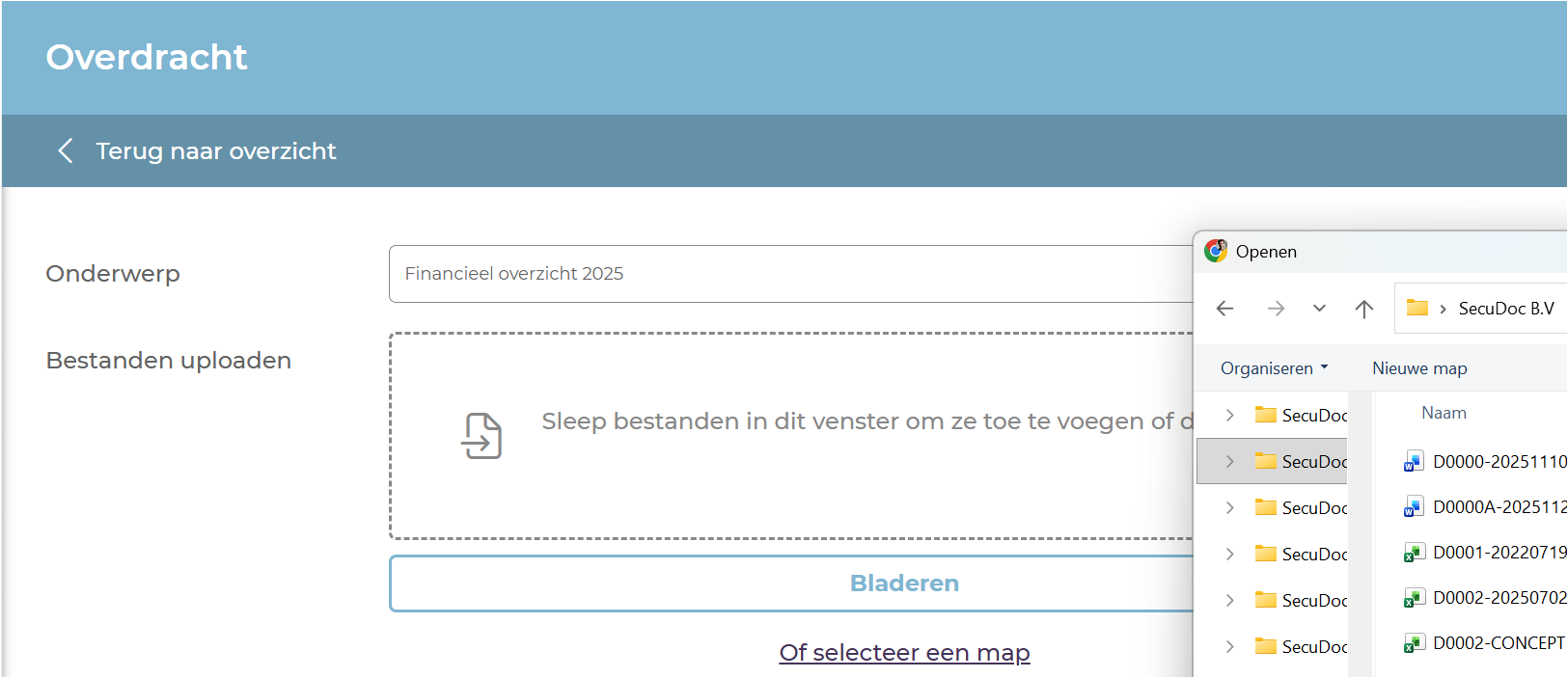 Bestanden uploaden bij het aanmaken van een Overdracht in SecuDoc