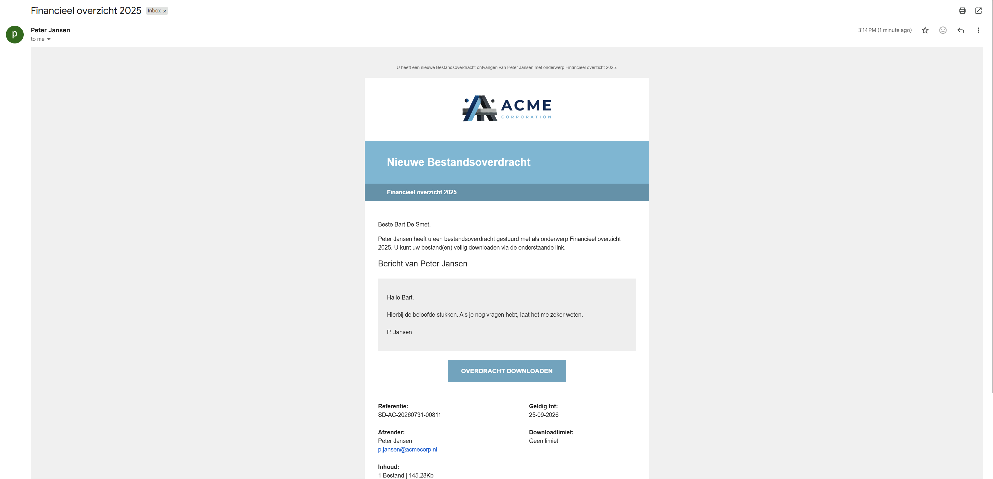 E-mail waarmee een ontvanger een beveiligde SecuDoc Overdracht opent