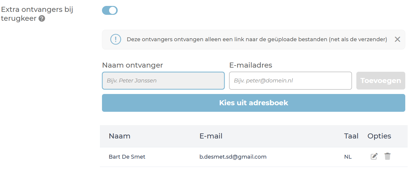 Extra ontvangers invoeren bij een Droplink in SecuDoc