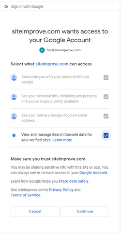 Screenshot to allow access to google search console with arrow pointing to Allow button.