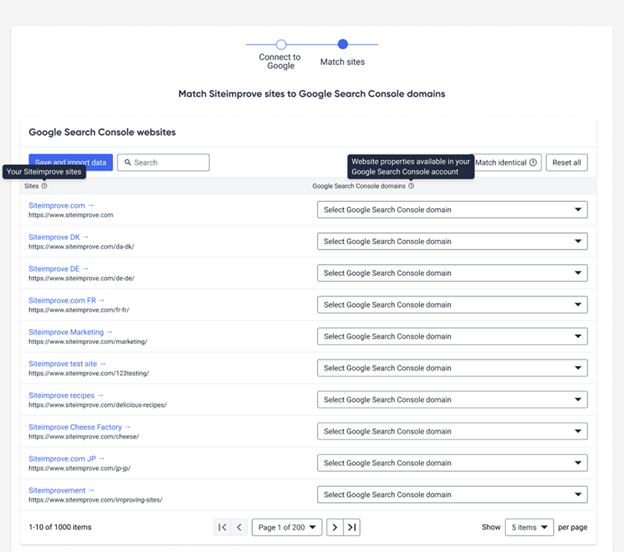 Screnshot to Match Siteimprove Sites to Google Search Console domains.