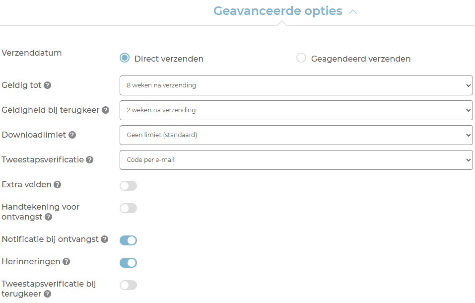 Beveiligingsinstellingen en geldigheidsduur van een SecuDoc Boemerang