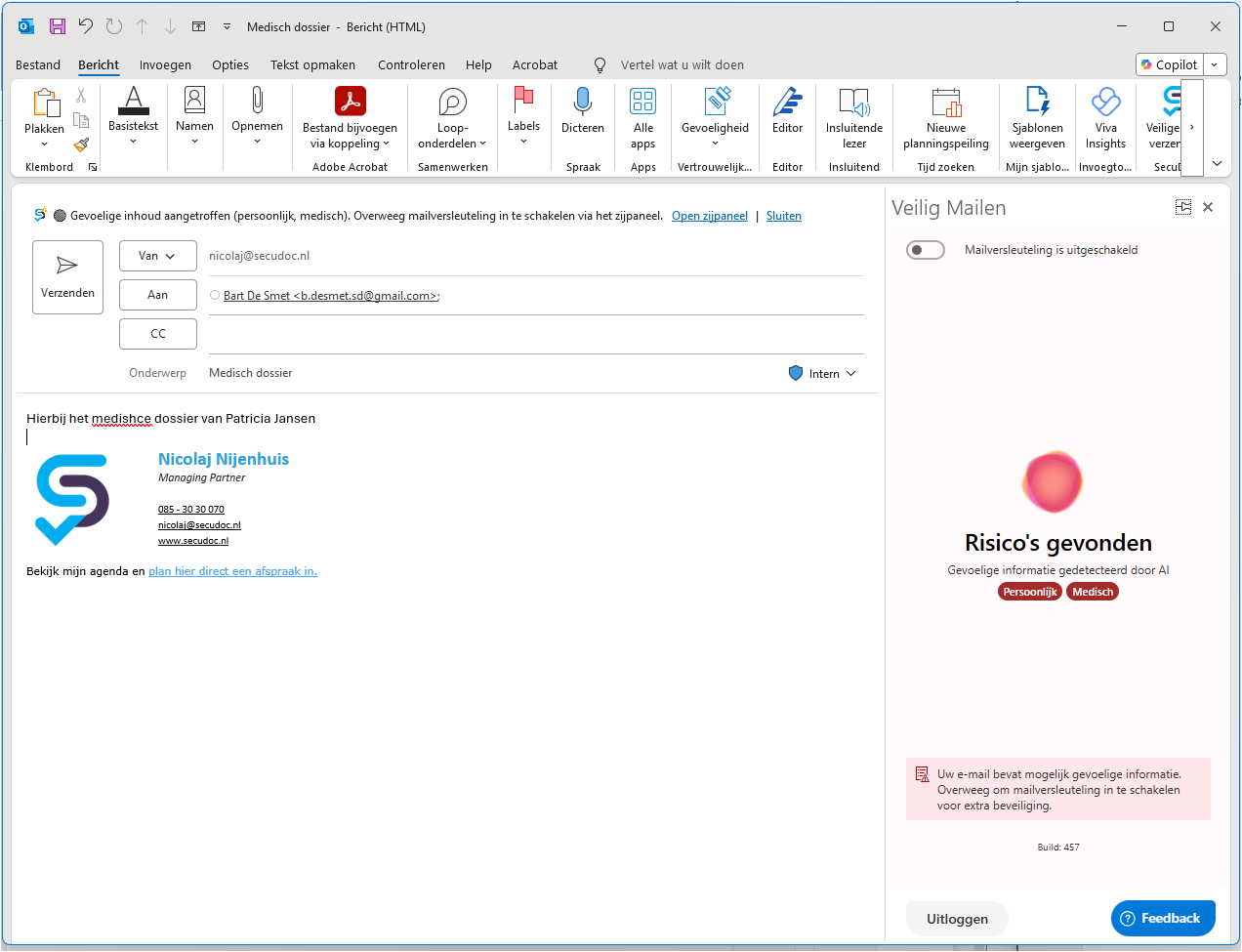 SecuDoc waarschuwt in Outlook voor mogelijk gevoelige persoonlijke en medische informatie