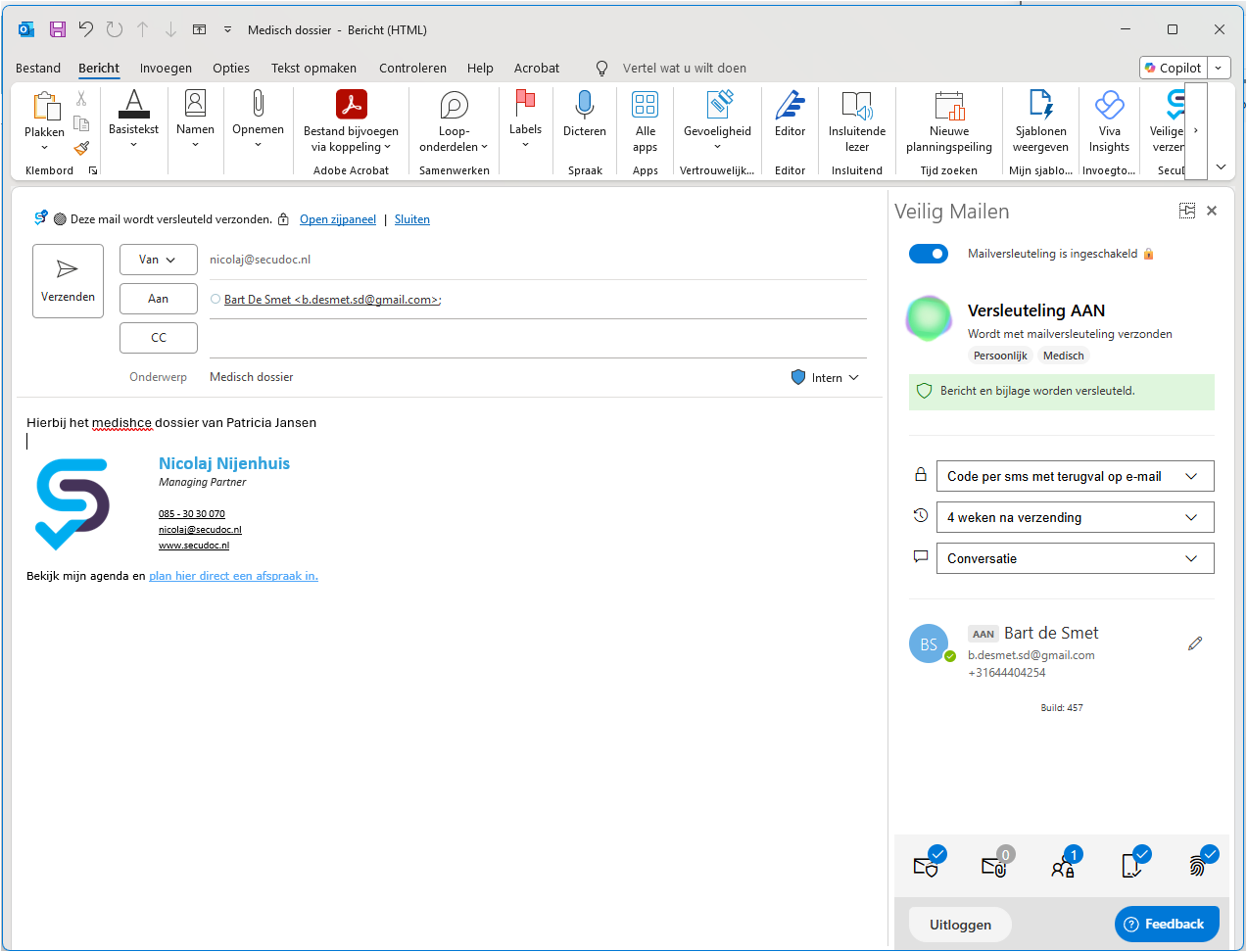 Mailversleuteling inschakelen via het SecuDoc-zijpaneel in Outlook