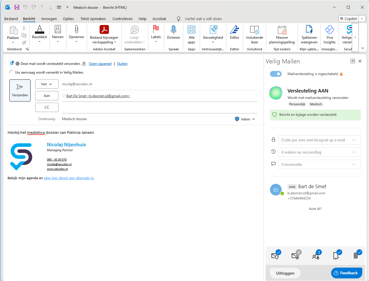 SecuDoc verwerkt een versleutelde e-mail voordat deze vanuit Outlook wordt verzonden