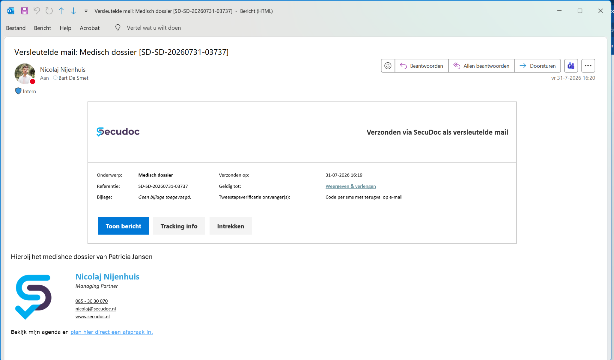 Verzonden SecuDoc Veilige Mail met opties voor bekijken, tracking en intrekken