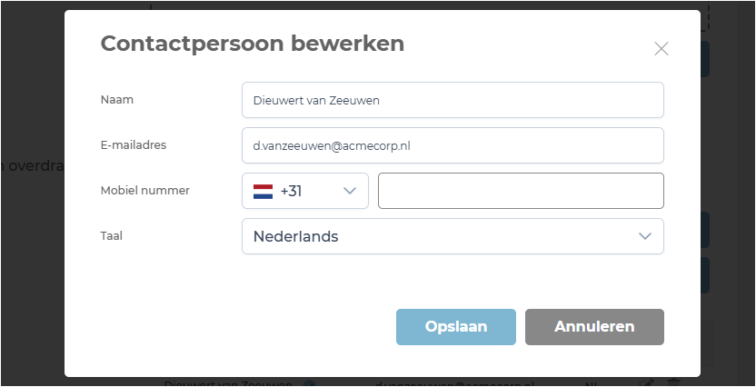 Een contact direct toevoegen aan een overdracht.