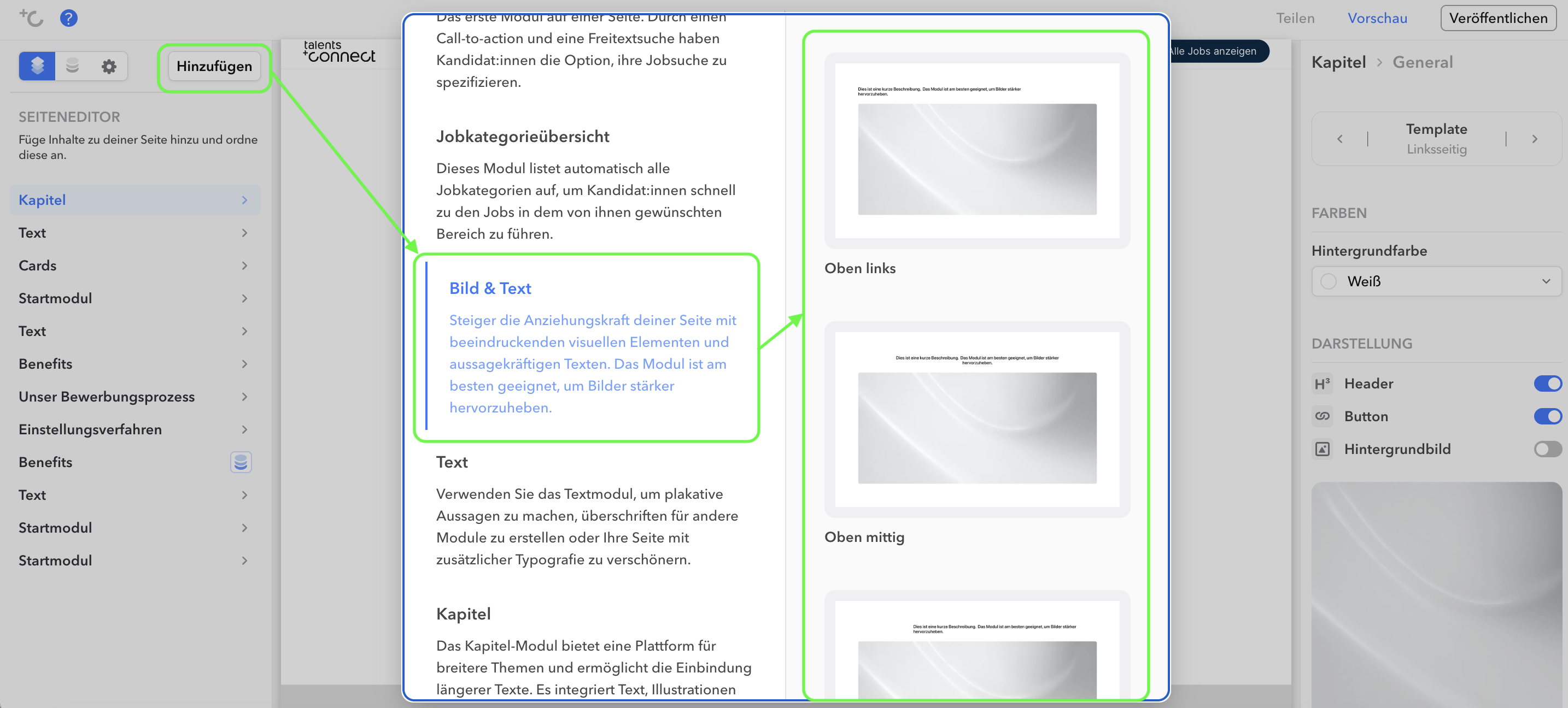 Auswahl des Startmoduls über den Hinzufügen-Button im Editor